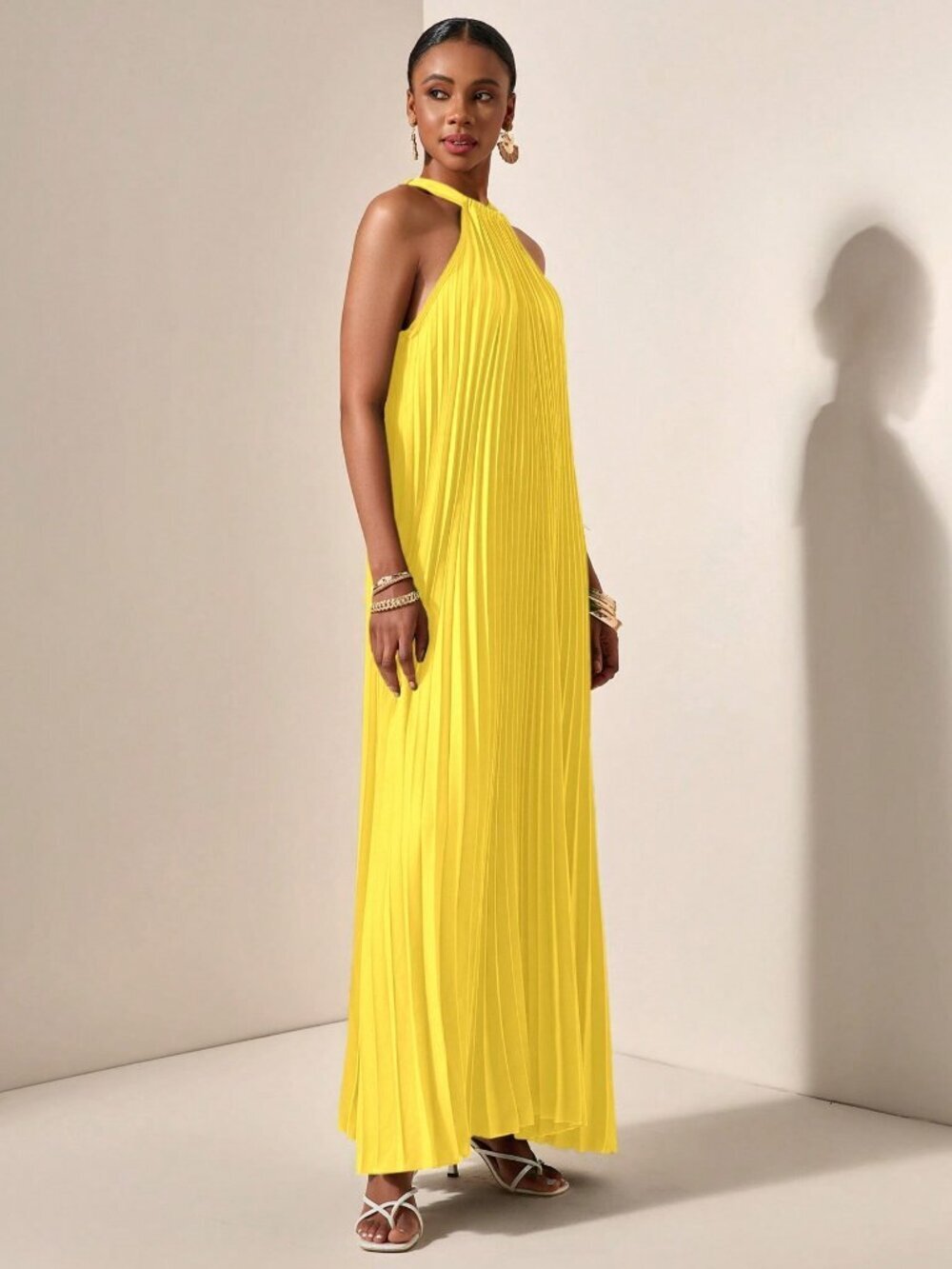 Yellow Casual Women's Halterneck Pleated A-Hem Loose Maxi dress - Picture 6 of 7